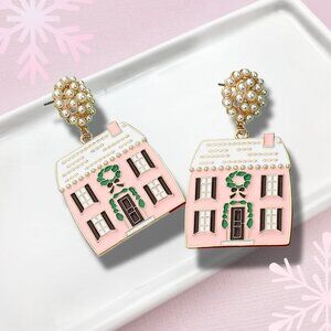 Home For The Holidays Pink Christmas Theme House Realtors Statement Earrings